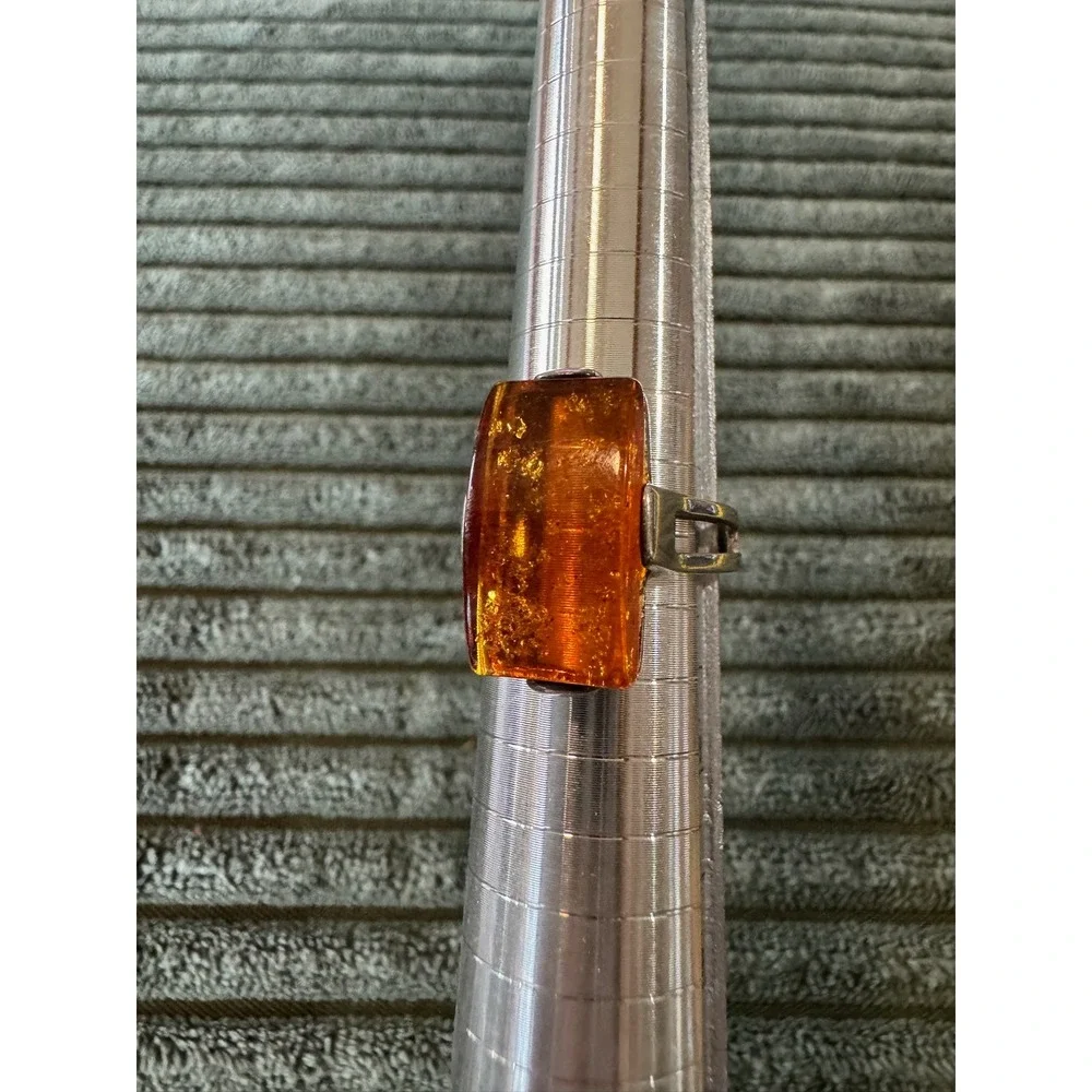 Sterling Silver 925 Amber Ring Statement Rectangle‎ Vintage Women Jewelry